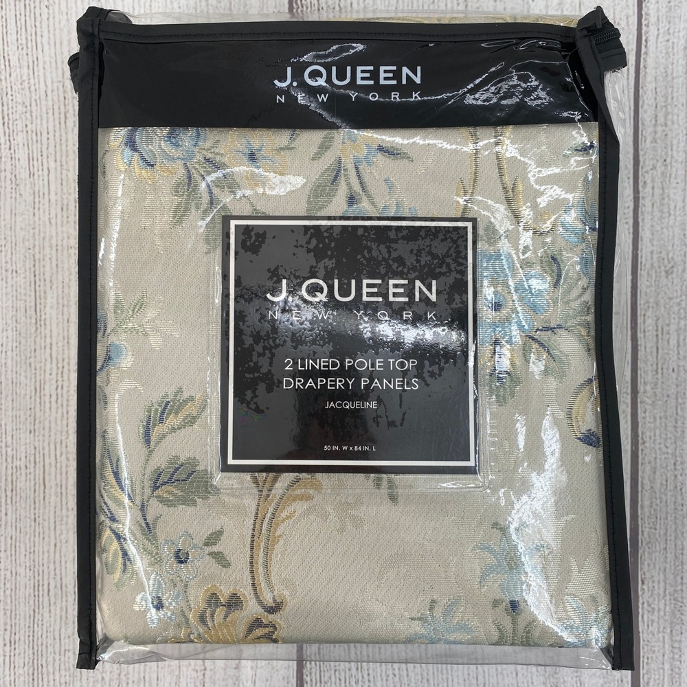 J. Queen New York Drapery Panels 50x84 Teal Jacqueline Lined Floral Damask 2pc